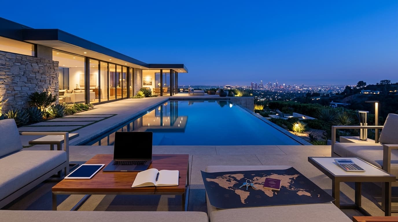 Elegant luxury home exterior at twilight with an architectural pool and warm interior lighting
