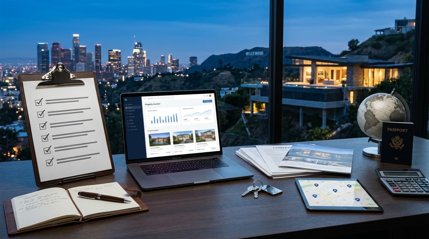 Checklist on a clipboard beside a laptop and property documents, representing pre-auction preparation