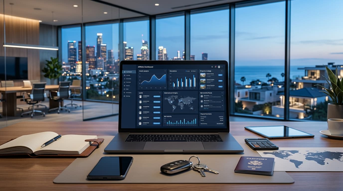 Computer screen showing an analytics dashboard with lead lists, bid activity charts, and payout summary panels