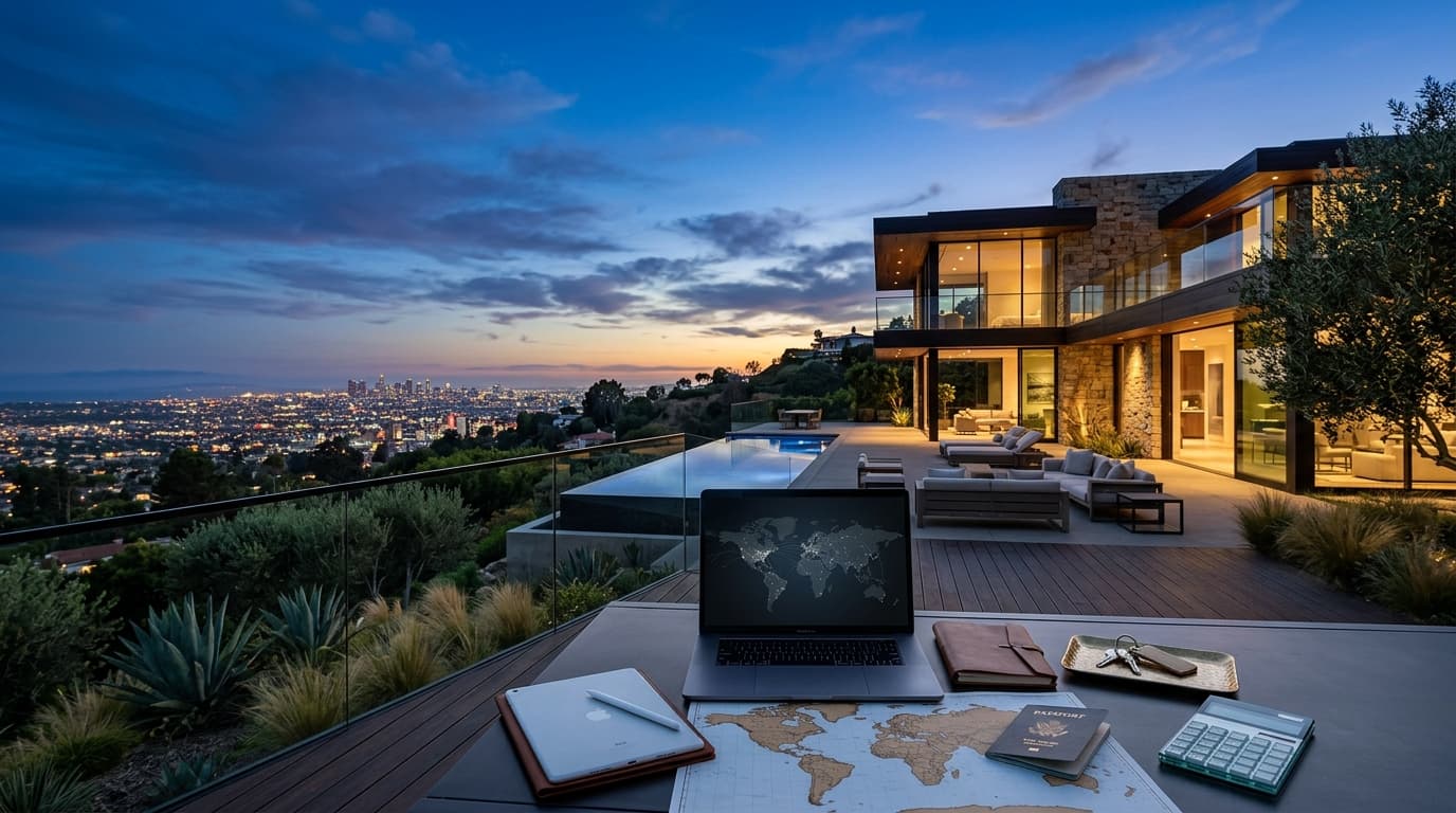 Luxury hillside home with city lights in the distance, suggesting international buyer appeal