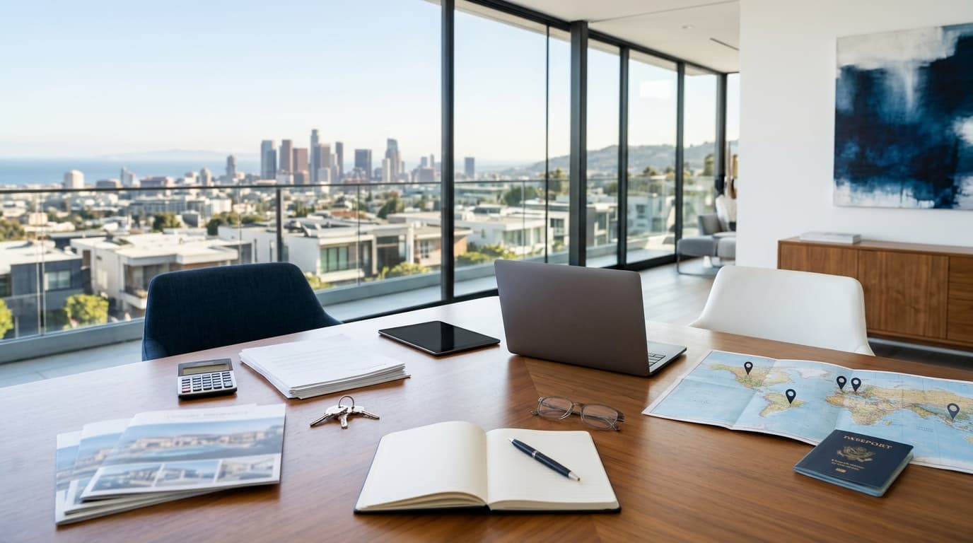 Two professionals reviewing an open document together across a table in a bright, welcoming office