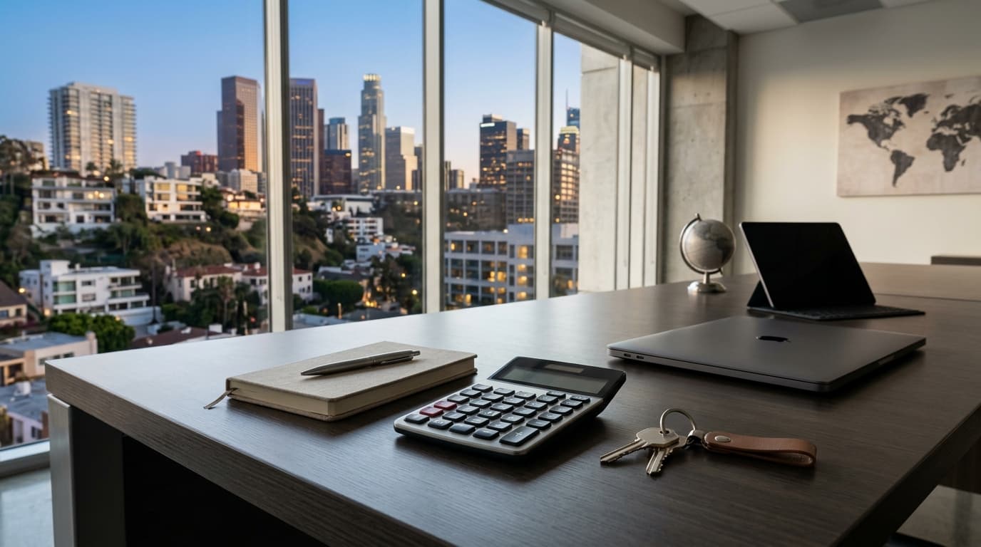 Calculator, notepad, and house keys on a desk representing auction pricing and reserve planning