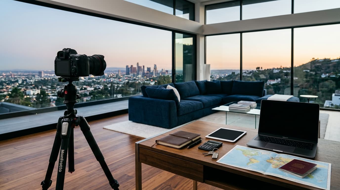 Real estate agent photographing a living room to prepare photos for an online auction listing
