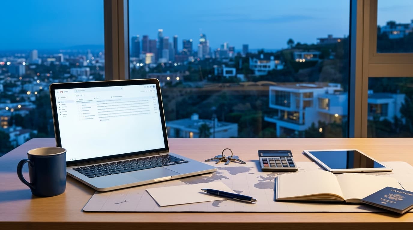 Open laptop showing an email draft beside a coffee cup and a handwritten thank-you note