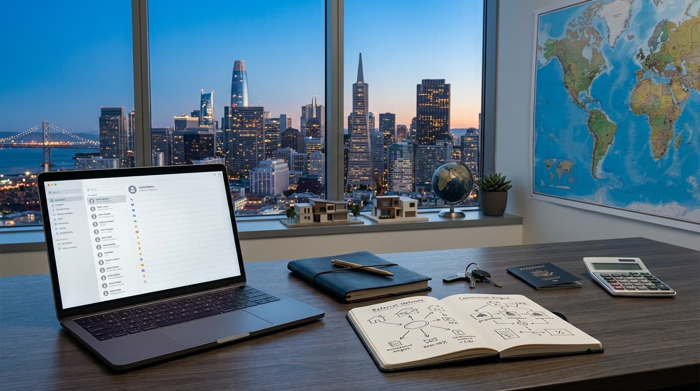 Laptop on a desk showing a contact list beside a notebook with a referral plan sketched out