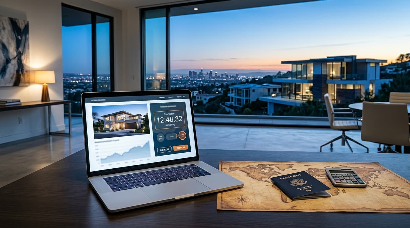 Laptop displaying an online property listing with a countdown timer, shown beside a world map and passport